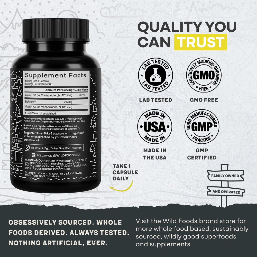 Wild Foods D3+K2 label closeup shows purity and origin.