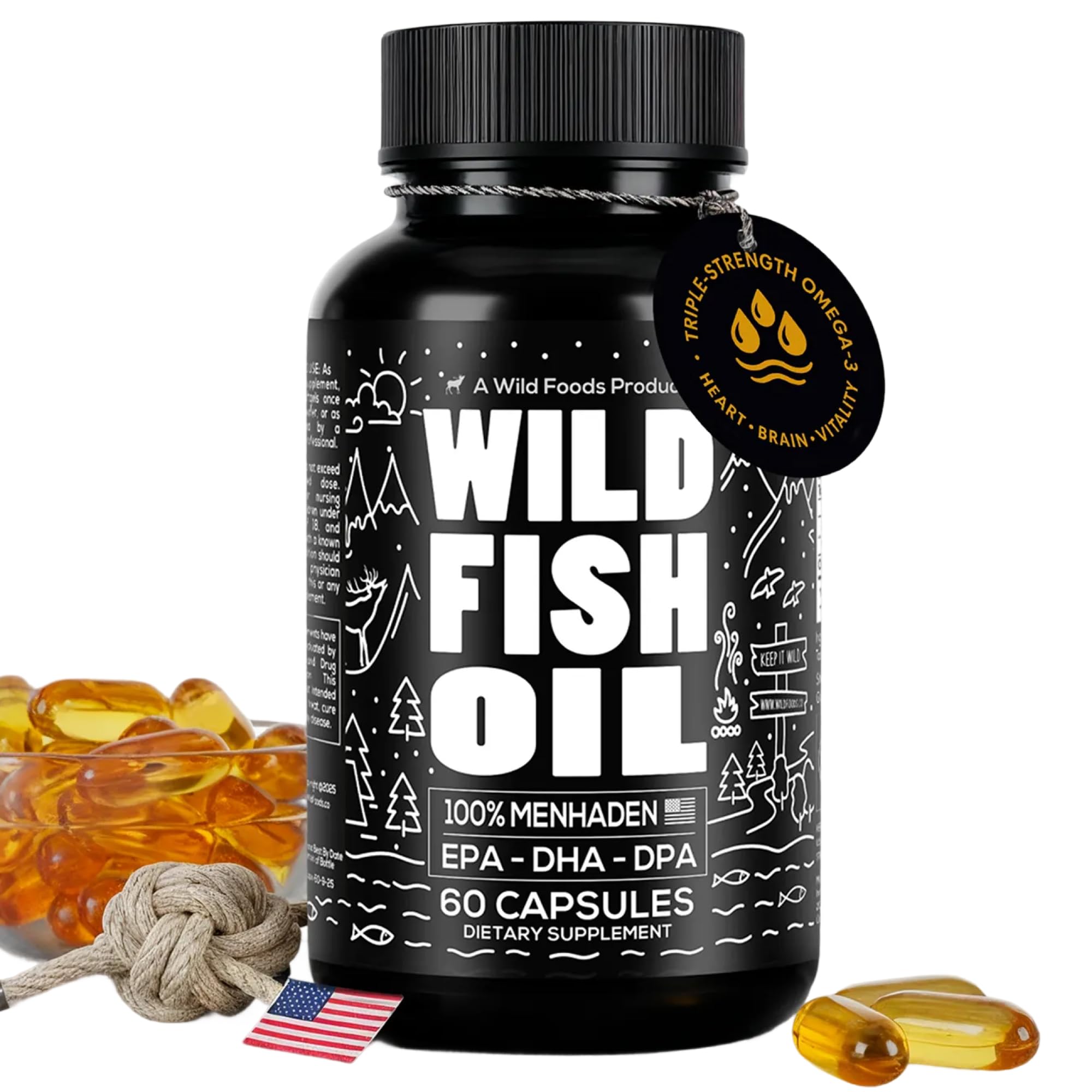 Wild Foods Fish Oil Omega-3 bottle with burpless, easy-swallow capsules for daily wellness.