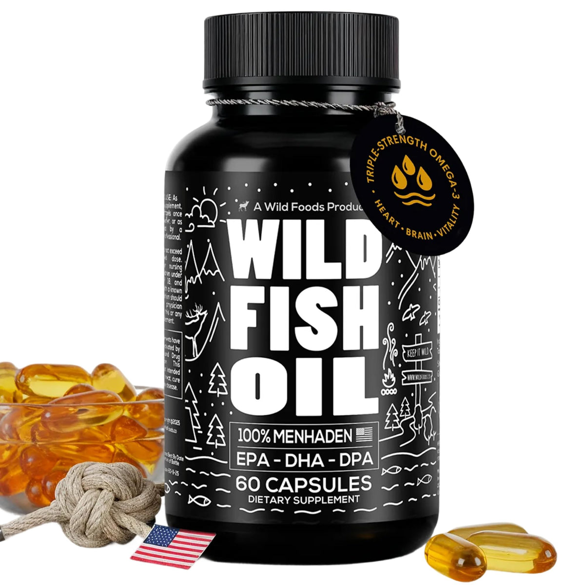 Wild Foods Fish Oil Omega-3 bottle with burpless, easy-swallow capsules for daily wellness.
