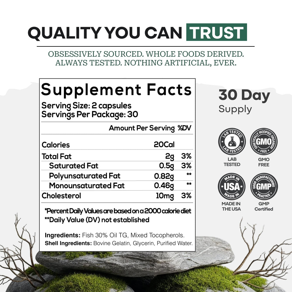 Close-up of Wild Foods Fish Oil Omega-3 capsules showing smooth intake.