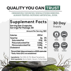 Close-up of Wild Foods Fish Oil Omega-3 capsules showing smooth intake.