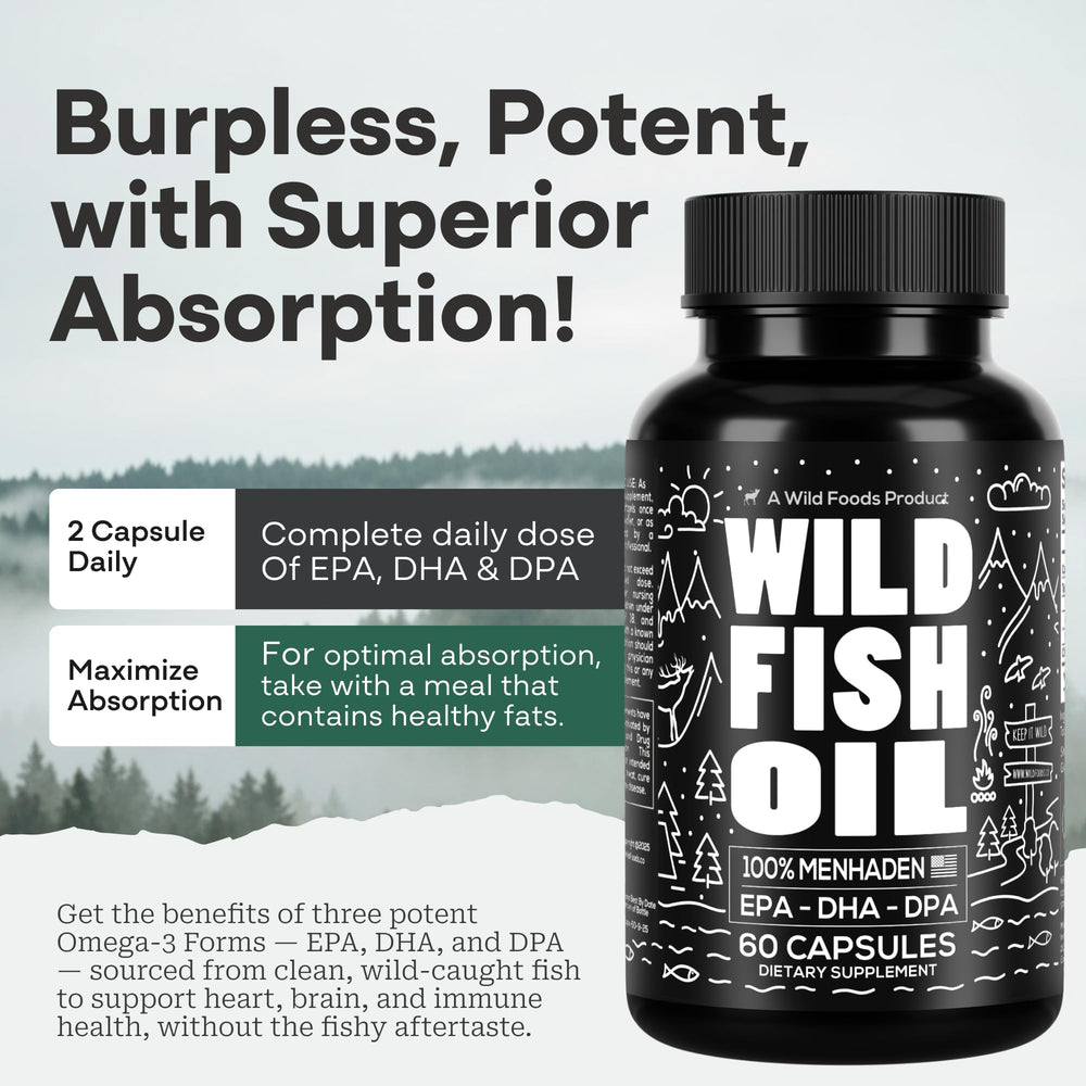 Glass with Wild Foods Fish Oil Omega-3 capsules illustrating daily ritual.