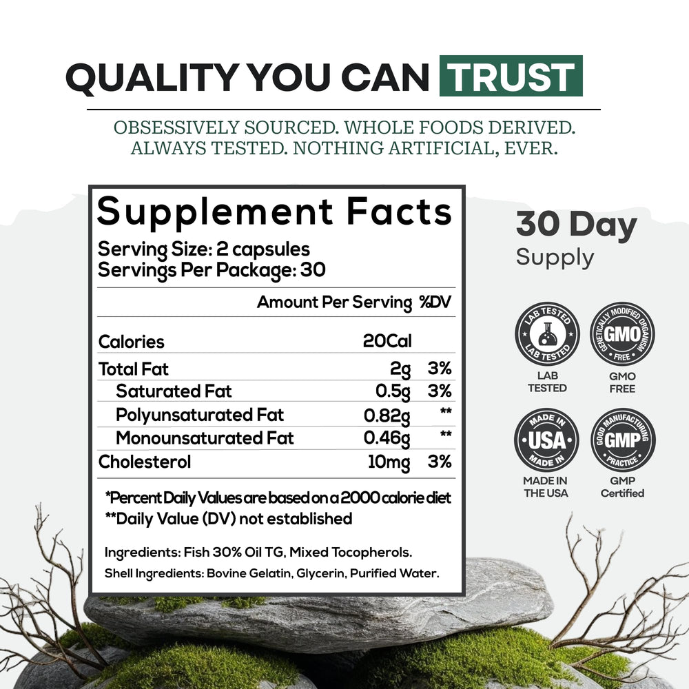 Sustainability seal on Wild Foods Fish Oil Omega-3 emphasizing responsible sourcing.