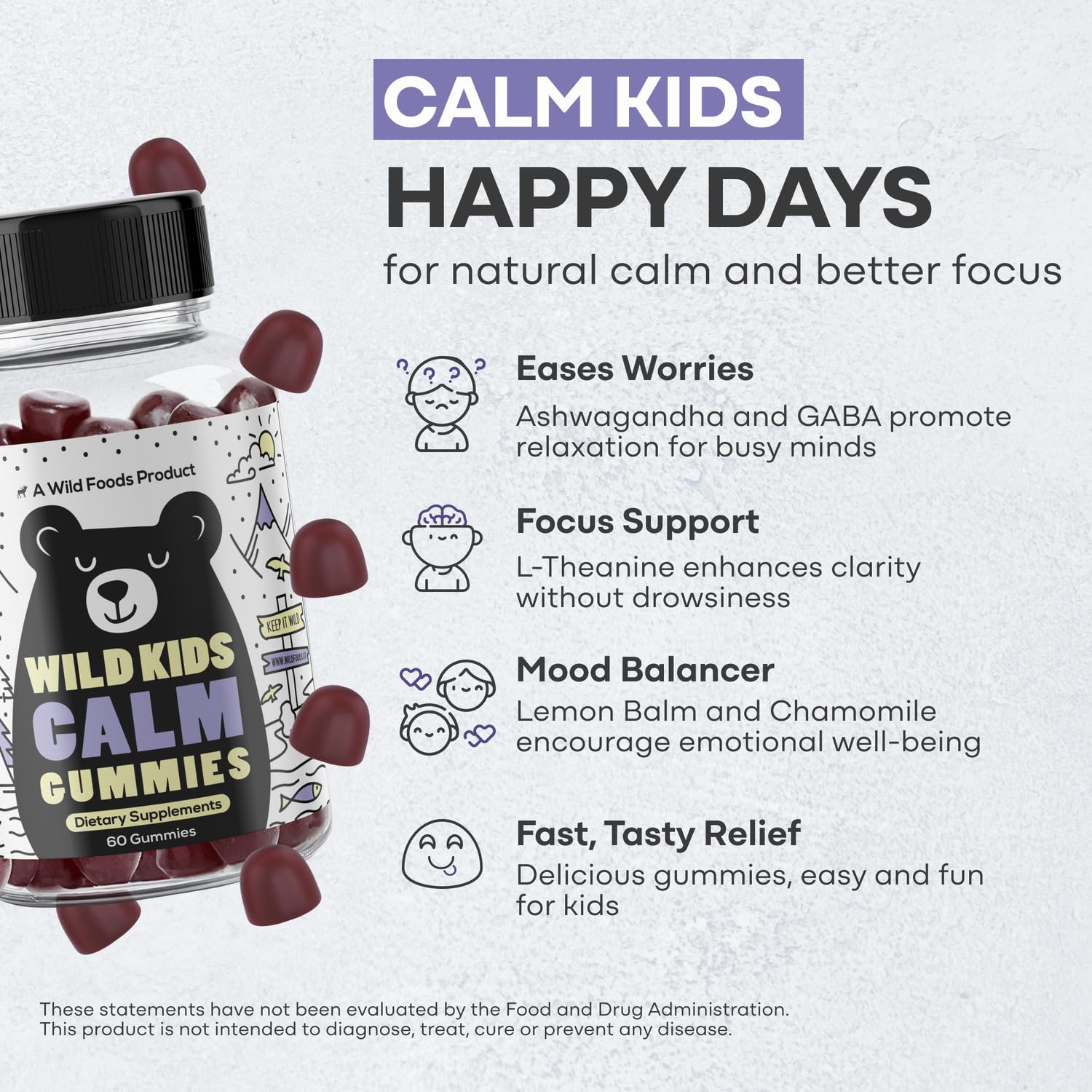 Wild Foods Kids Calm Gummies with ashwagandha and GABA for focus
