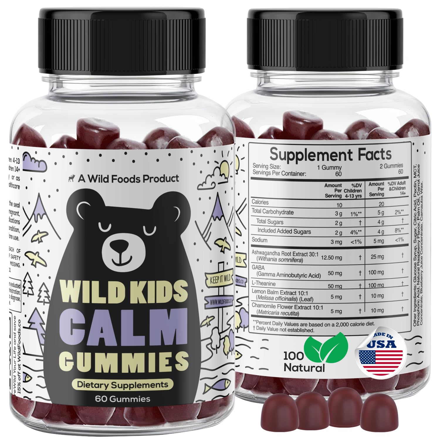 Wild Foods Kids Calm Gummies bottle shown for convenient daily calm