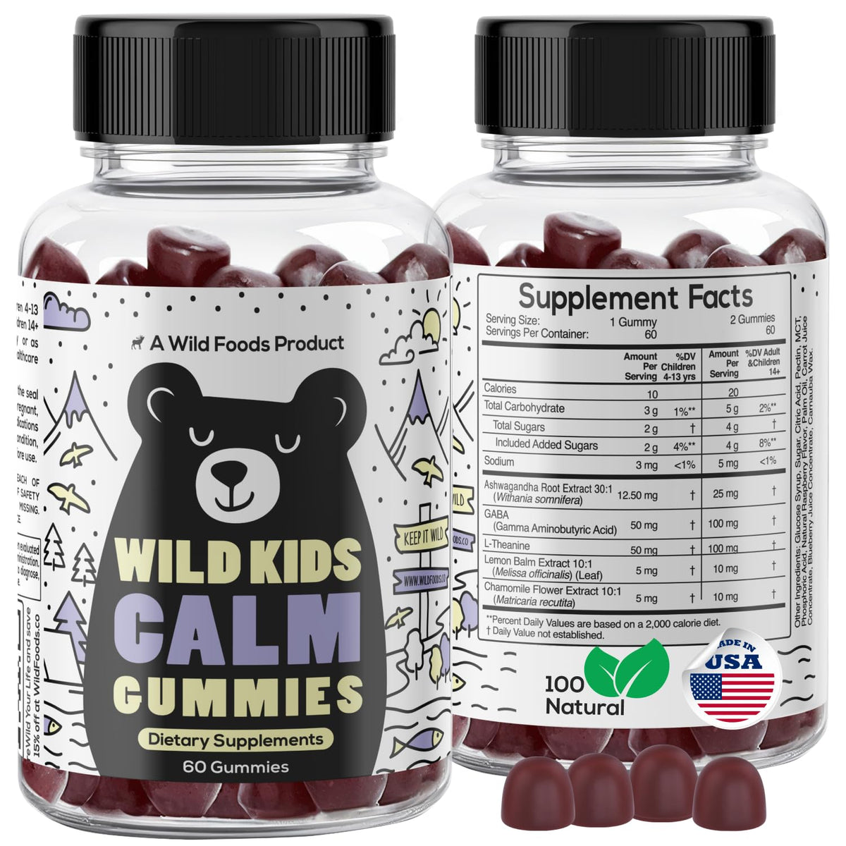 Wild Foods Kids Calm Gummies bottle shown for convenient daily calm