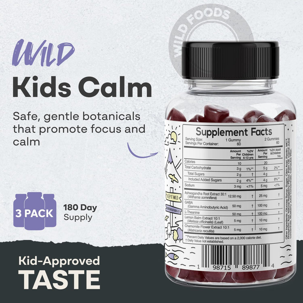 Wild Foods Kids Calm Gummies berry-flavored chews ideal for mood support