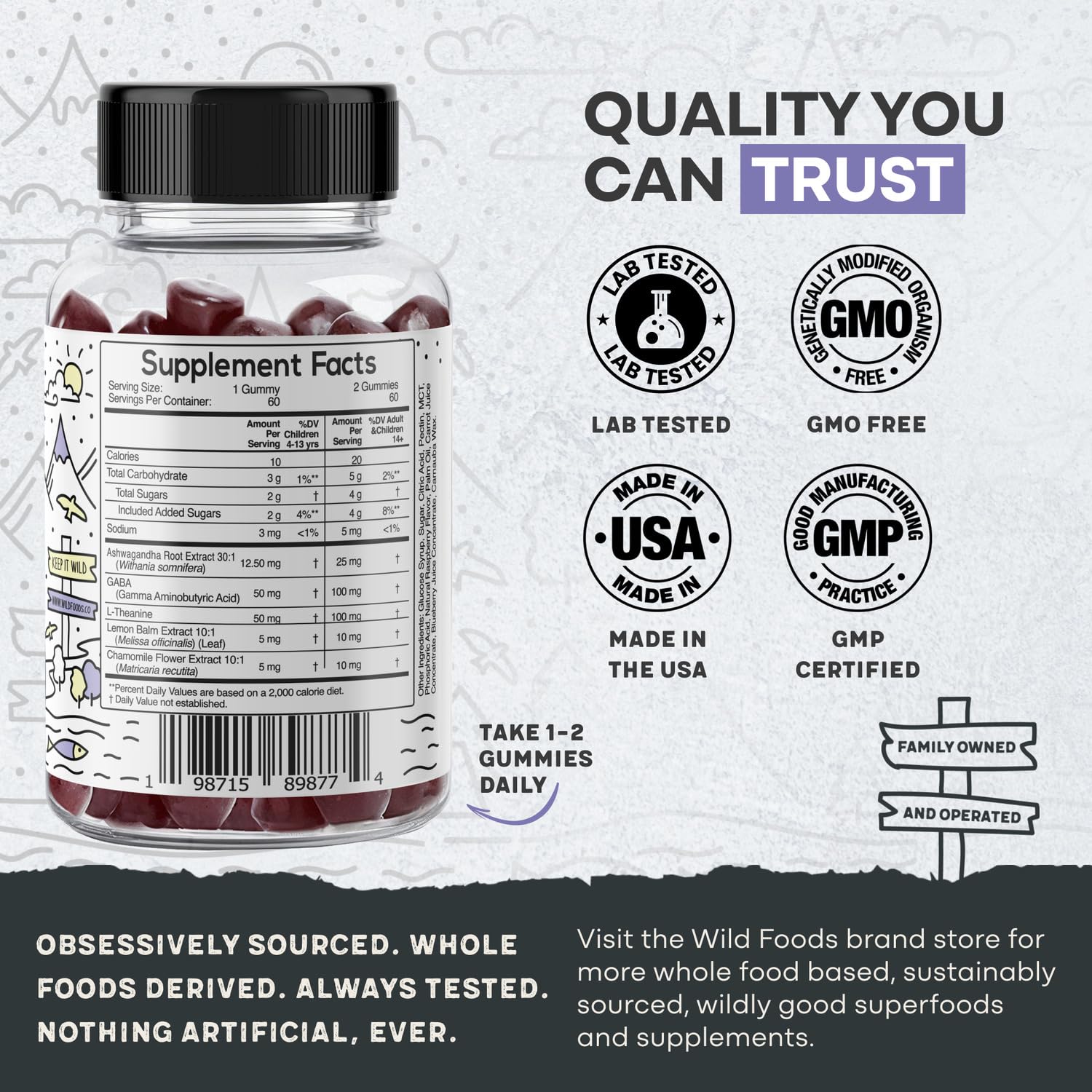 Wild Foods Kids Calm Gummies with L-theanine and chamomile for bedtime ease