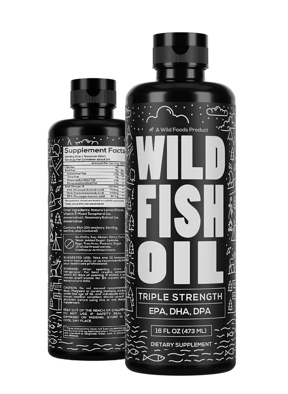 Wild Foods liquid omega-3 lemon bottle, burpless and easy to swallow.