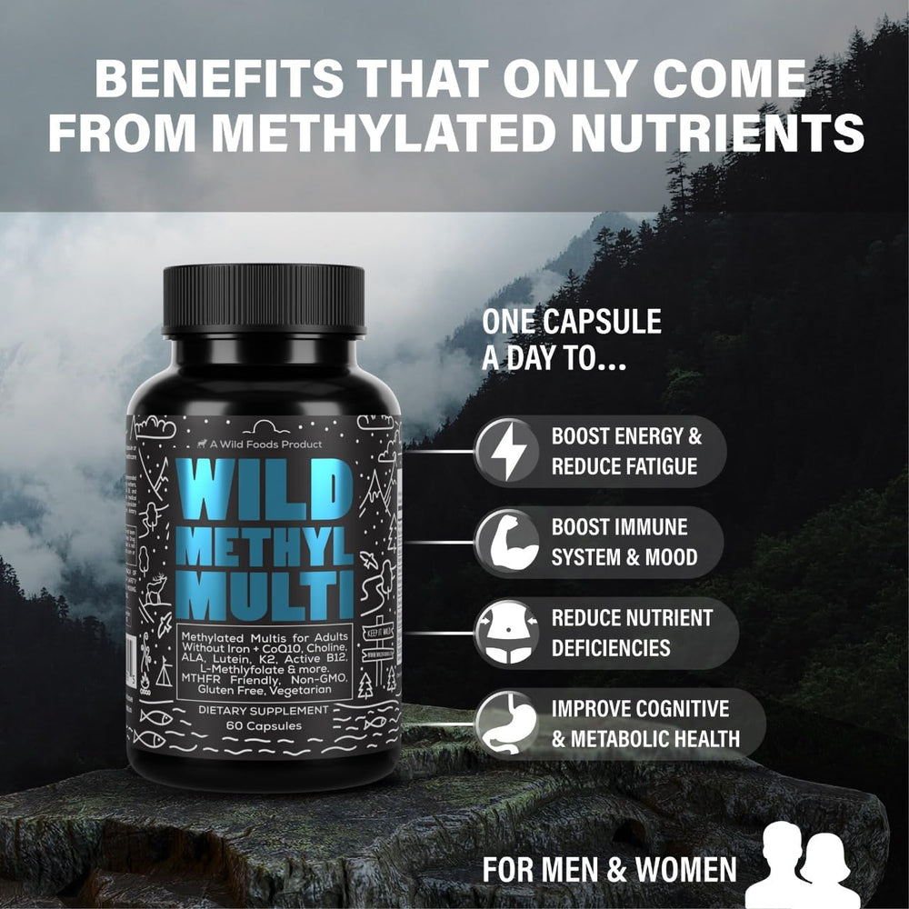 Close-up of Wild Foods methylated multivitamin capsules.