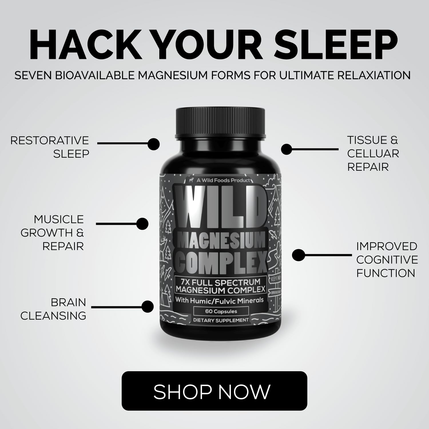 Wild Foods bottle beside nightstand suggests evening calm routine.