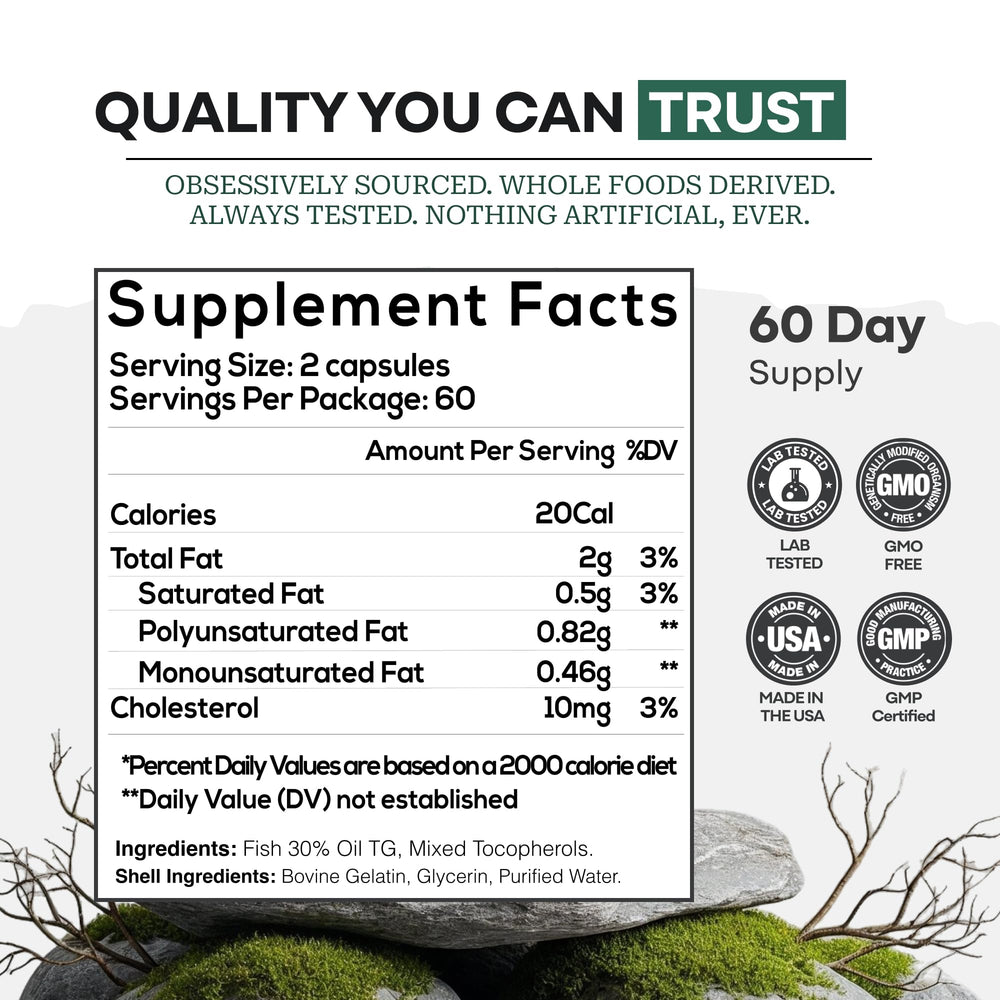 Close-up of Wild Foods Omega 3 capsules ready to swallow