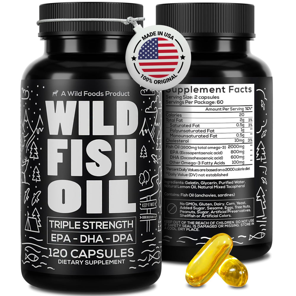 Wild Foods Omega 3 fish oil bottle shows triple strength formula for daily support