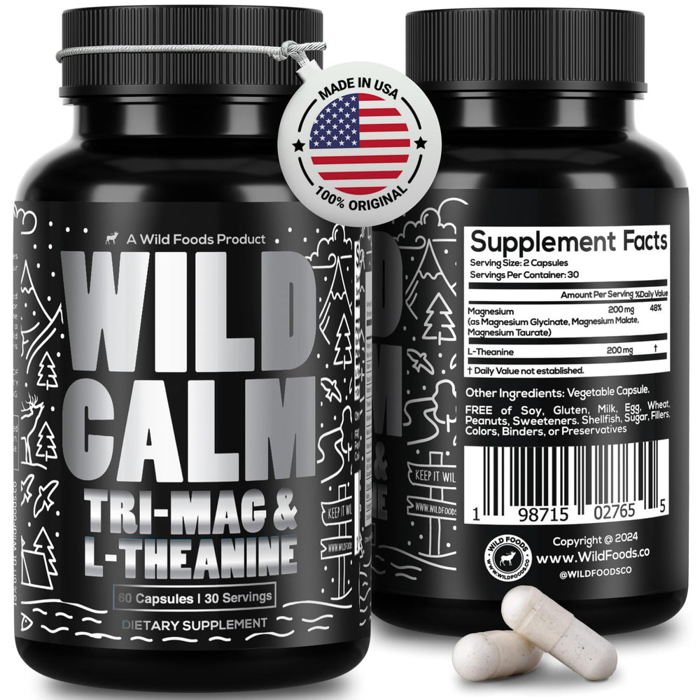 Wild Foods Tri-Mag & L-Theanine bottle displays a balanced magnesium blend for daily calm support.