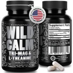 Wild Foods Tri-Mag & L-Theanine bottle displays a balanced magnesium blend for daily calm support.