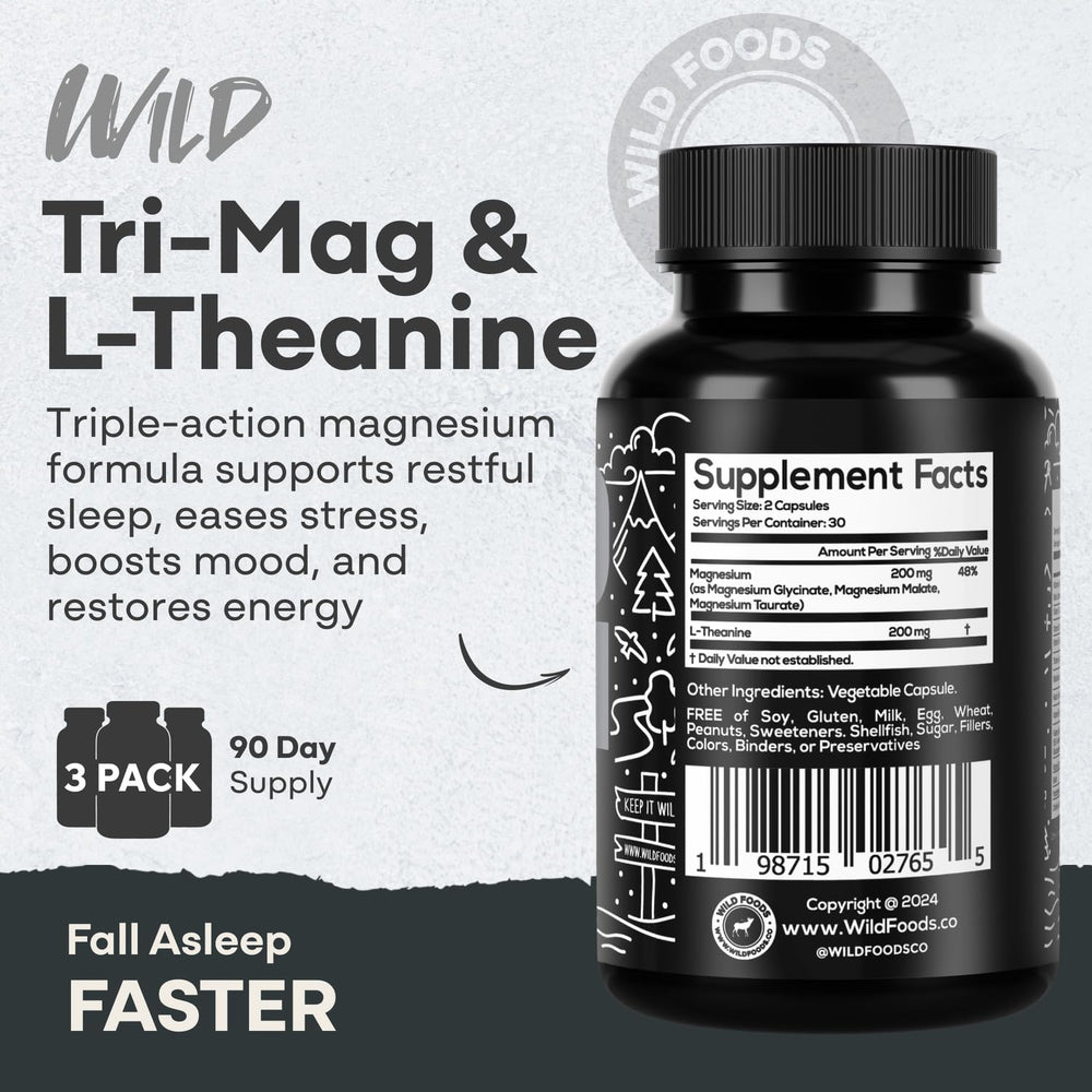 Wild Foods Tri-Mag & L-Theanine capsules offer easy sleep-support and relaxed focus.