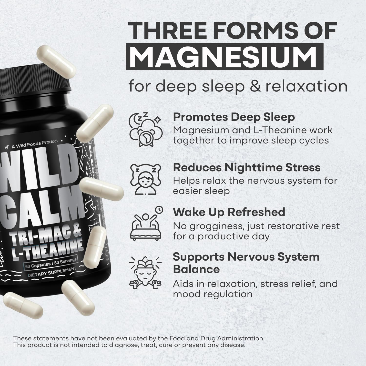 Wild Foods Tri-Mag & L-Theanine label highlights three magnesium forms for absorption.