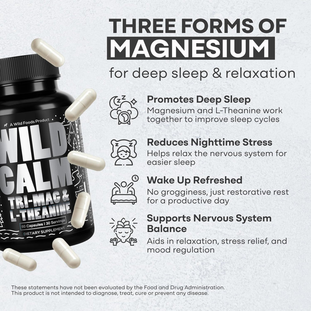 Wild Foods Tri-Mag & L-Theanine label highlights three magnesium forms for absorption.