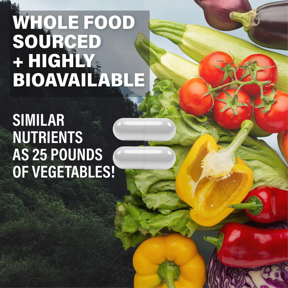 Wild Foods multivitamin on a wooden table, lifestyle wellness setting