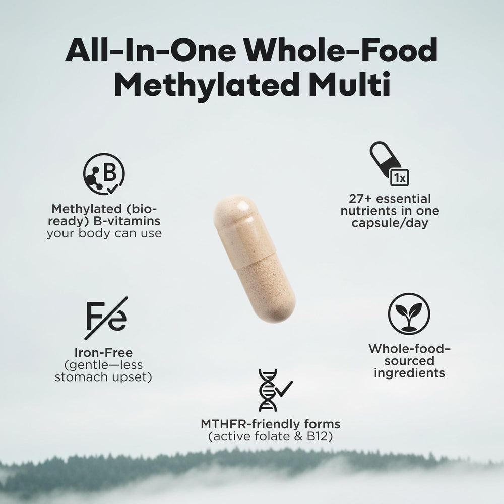 Wild Foods Wild Methylated Multivitamin capsules close-up, easy-to-swallow softgels