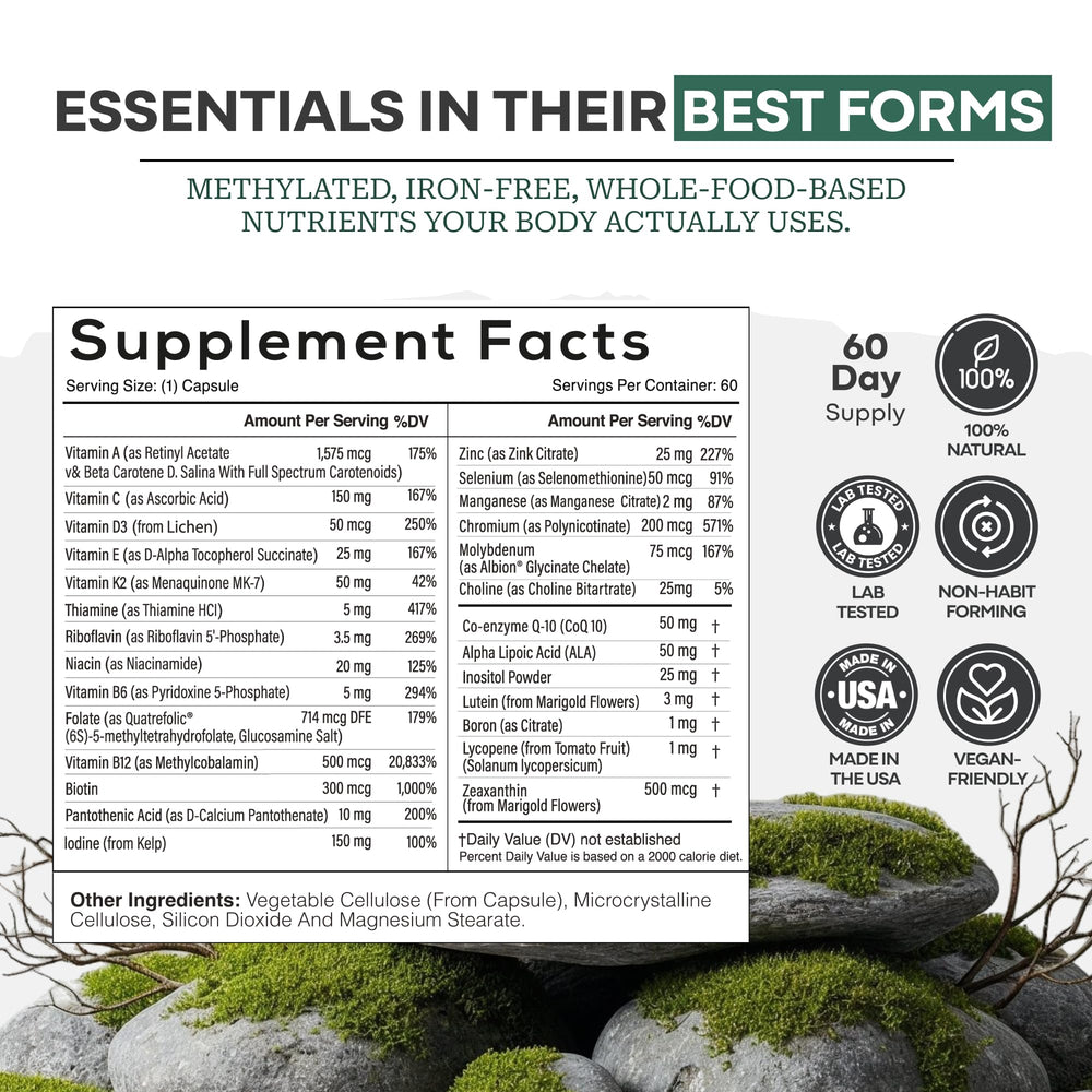 Made in USA Wild Foods multivitamin bottle shown for quality