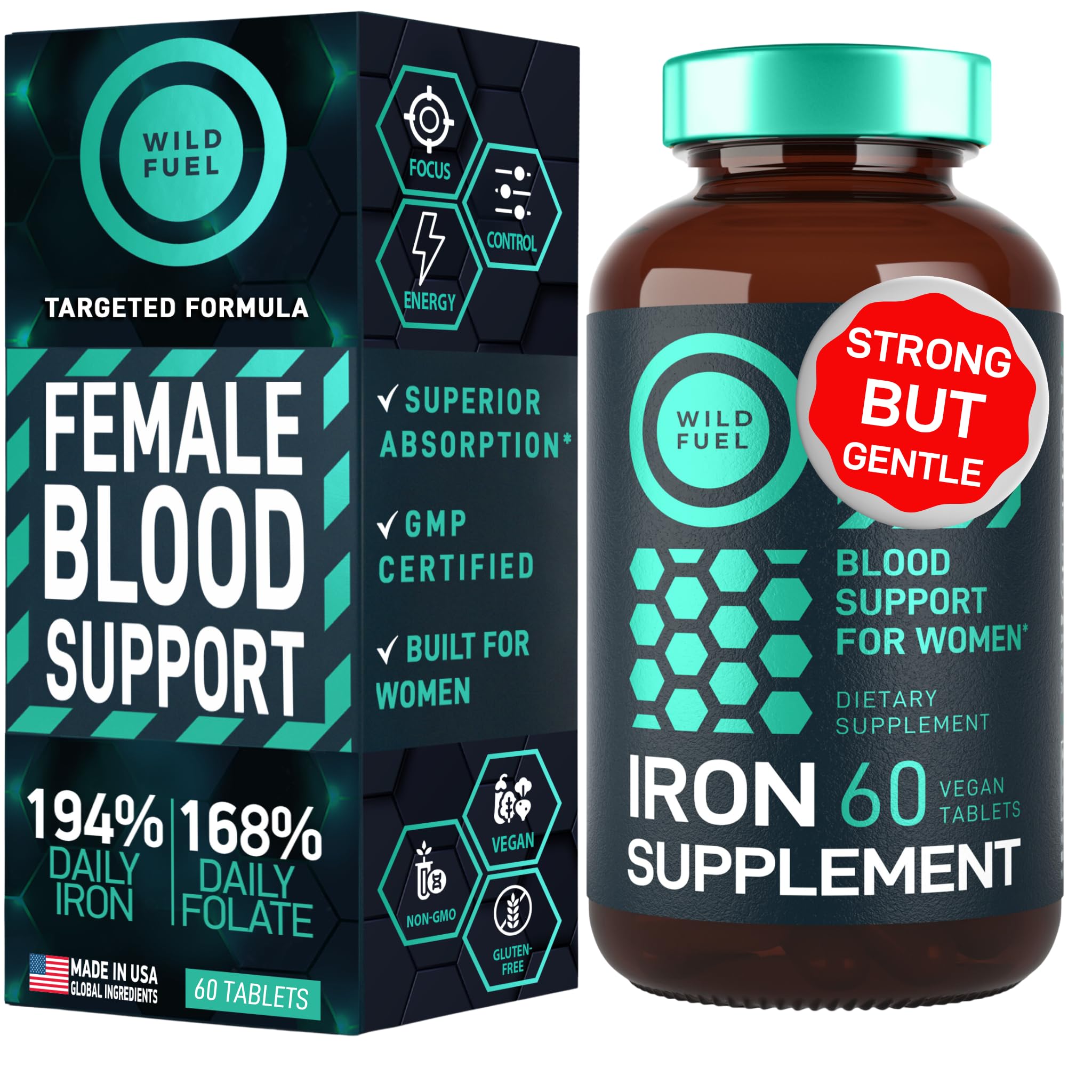 WILD FUEL iron supplement bottle front view for daily energy support.