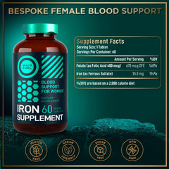 Close-up of WILD FUEL label showing 35 mg iron and 400 mcg folic acid.