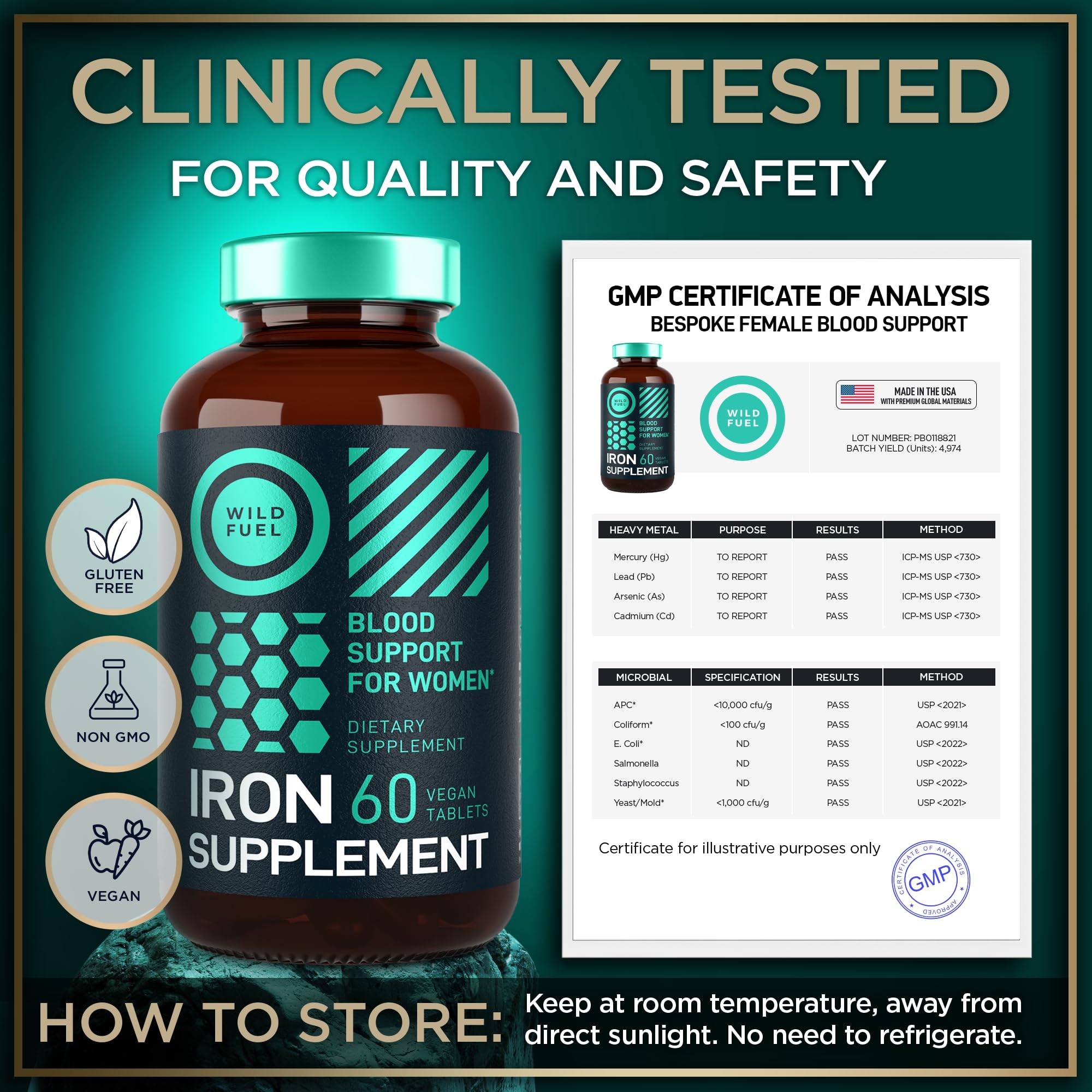 Made in USA packaging of WILD FUEL iron supplement.