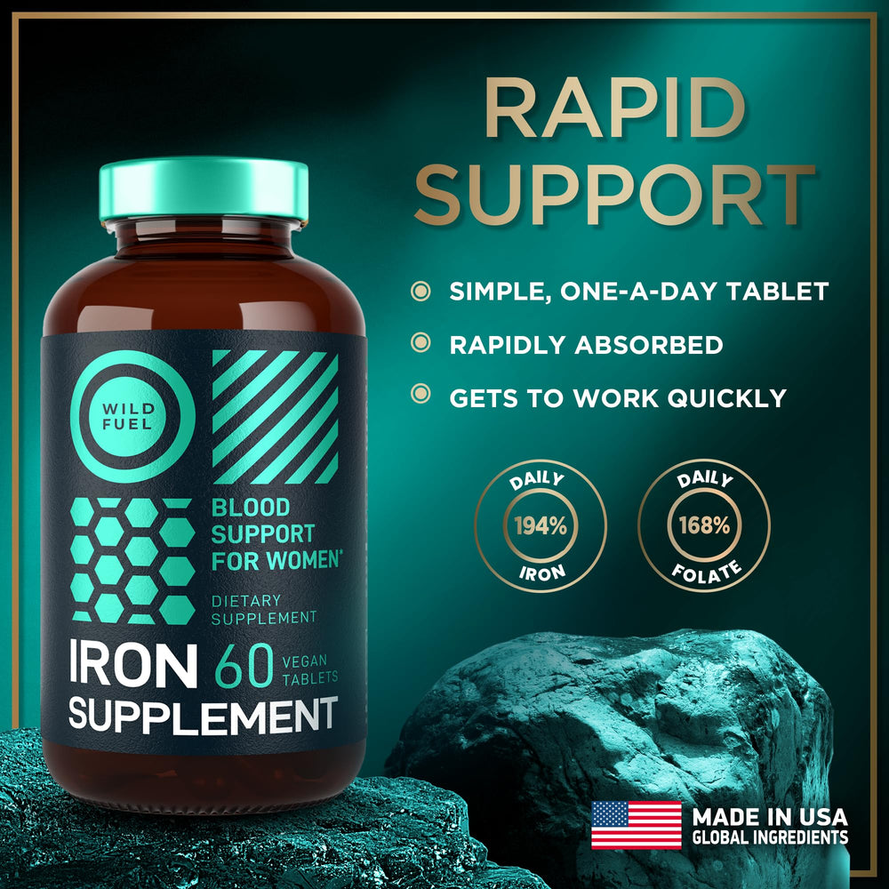 Vegan-friendly WILD FUEL symbol on iron supplement bottle.