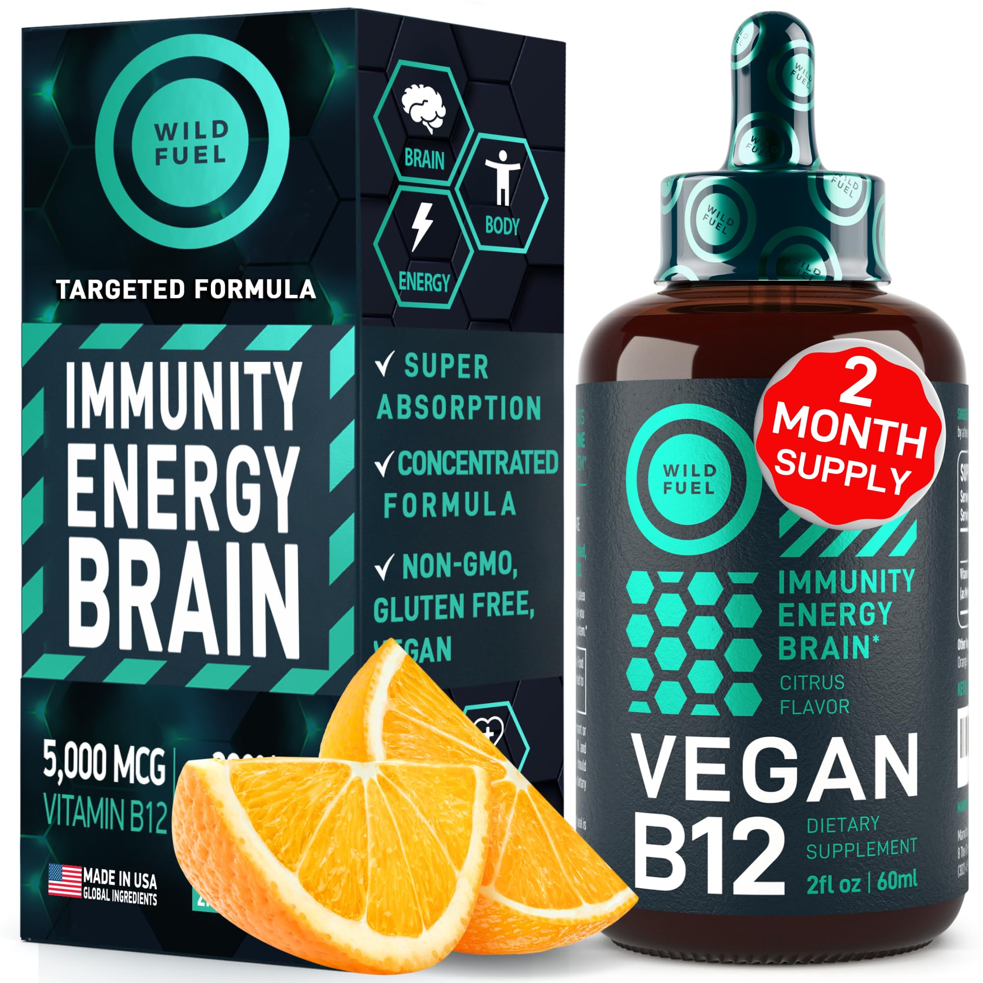 Wild Fuel vegan B12 liquid drops bottle highlights convenient daily energy support.