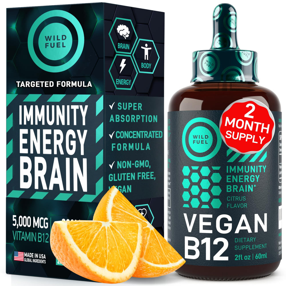 Wild Fuel vegan B12 liquid drops bottle highlights convenient daily energy support.