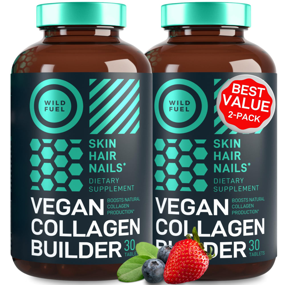 WILD FUEL vegan collagen booster bottle close-up for skin, hair, and nails support