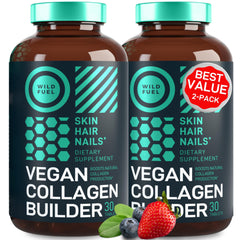 WILD FUEL vegan collagen booster bottle close-up for skin, hair, and nails support