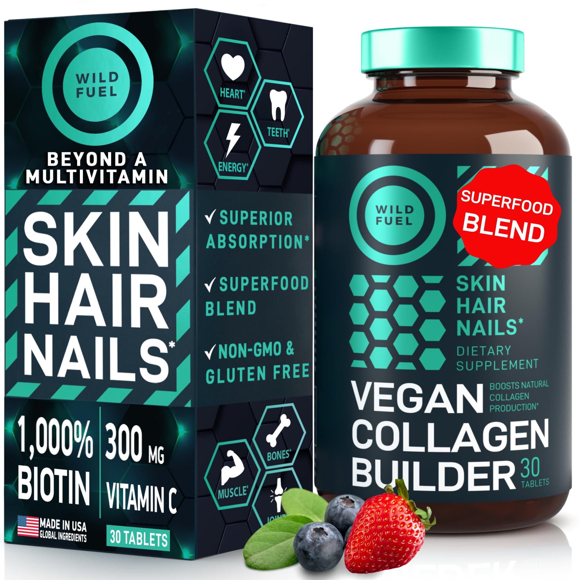 Wild Fuel vegan collagen builder bottle front view supporting skin and hair vitality.
