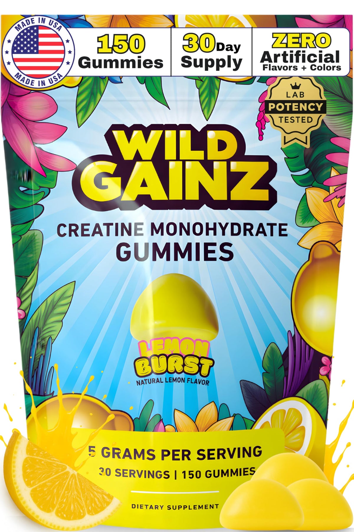 Wild Gainz Creatine Monohydrate Gummies bottle with lemon chews for on-the-go workouts