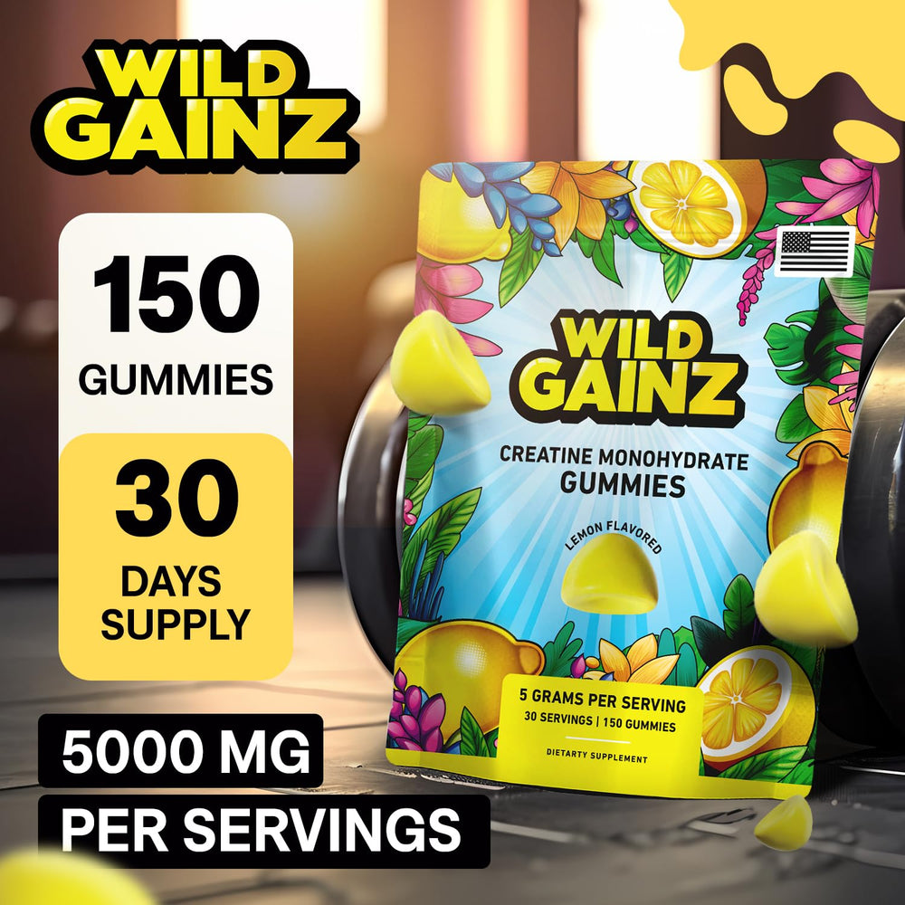 Wild Gainz Creatine Monohydrate Gummies lemon-flavored chews, convenient training companion