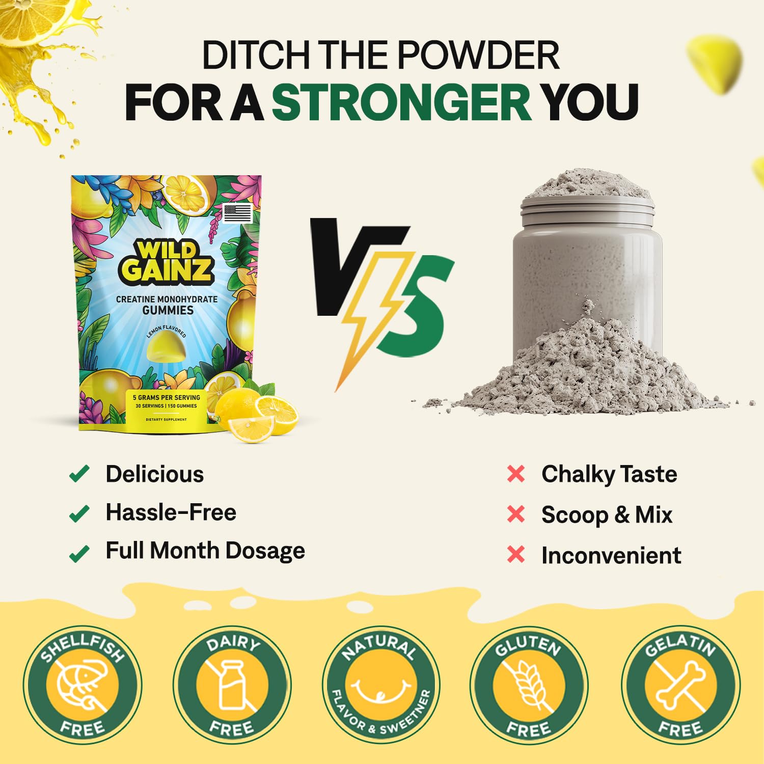 Wild Gainz gummies serving pouch, resealable for gym-ready convenience
