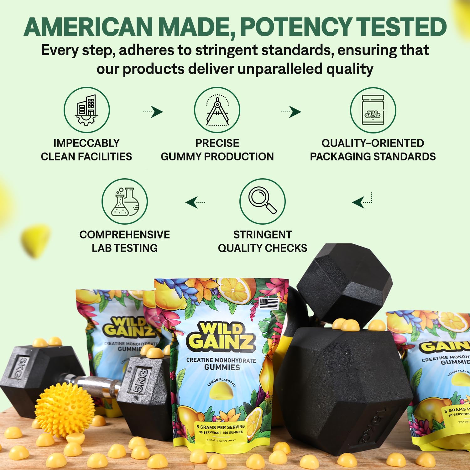 Wild Gainz Creatine Monohydrate Gummies in workout scene for on-the-go use