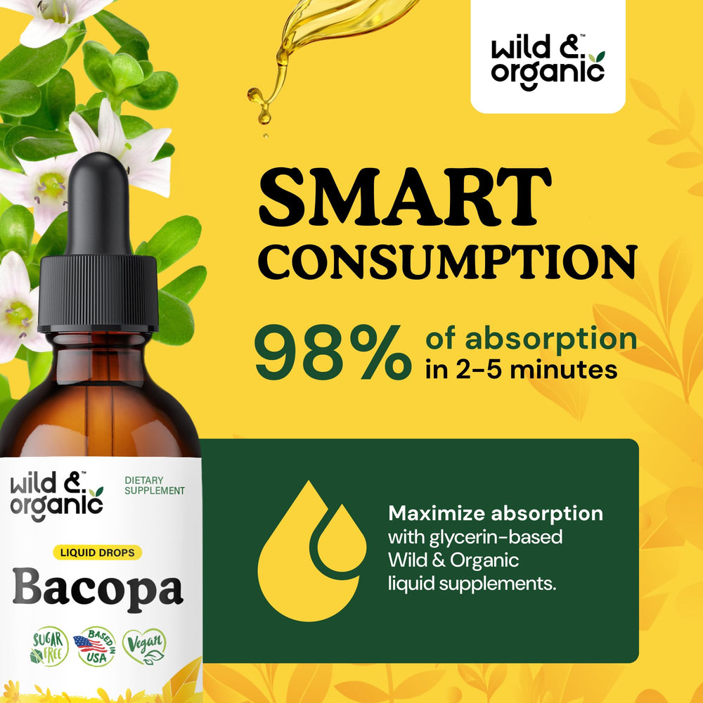 Amber glass bottle of Wild & Organic Bacopa Tincture on shelf
