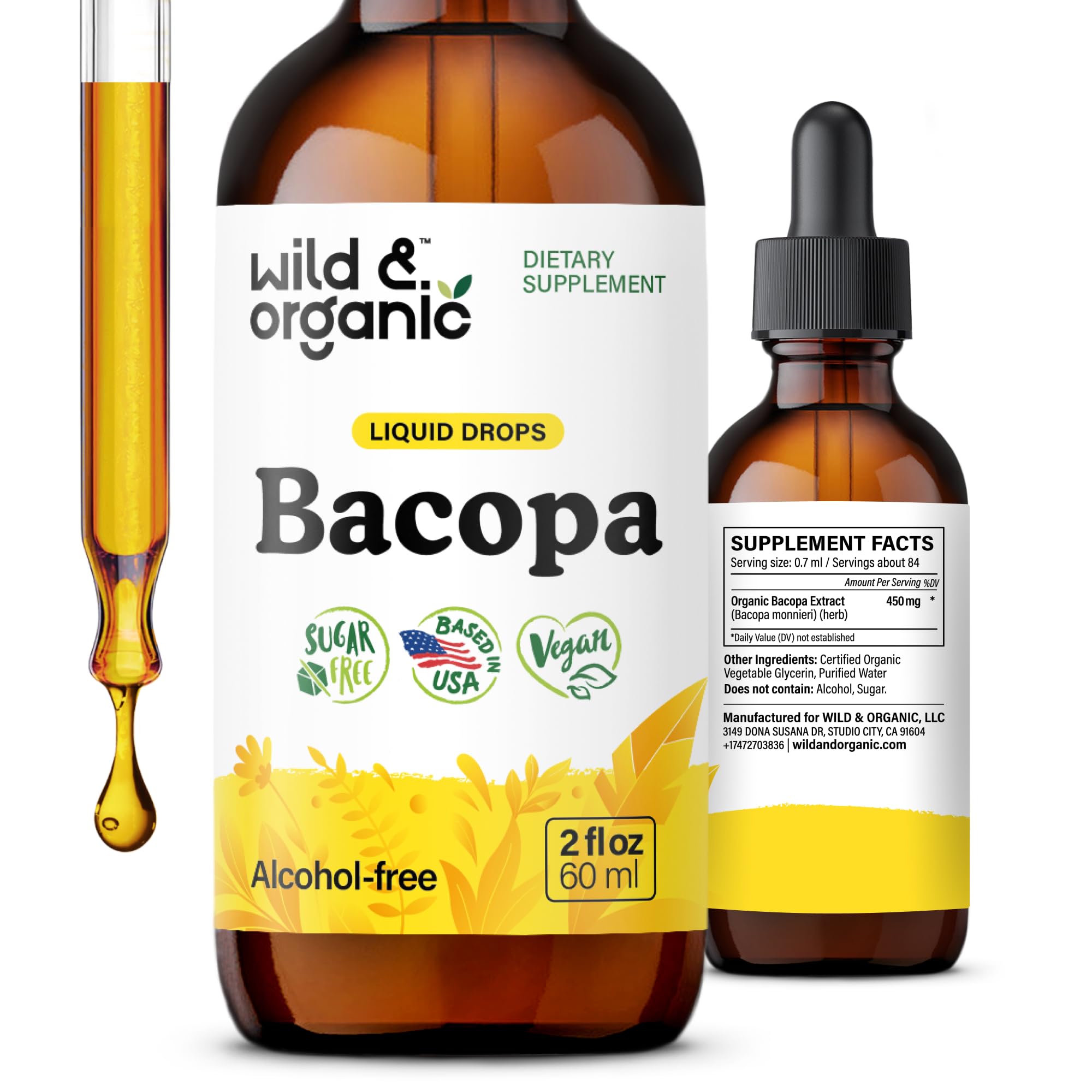 Wild & Organic Bacopa Tincture bottle on counter for calm focus