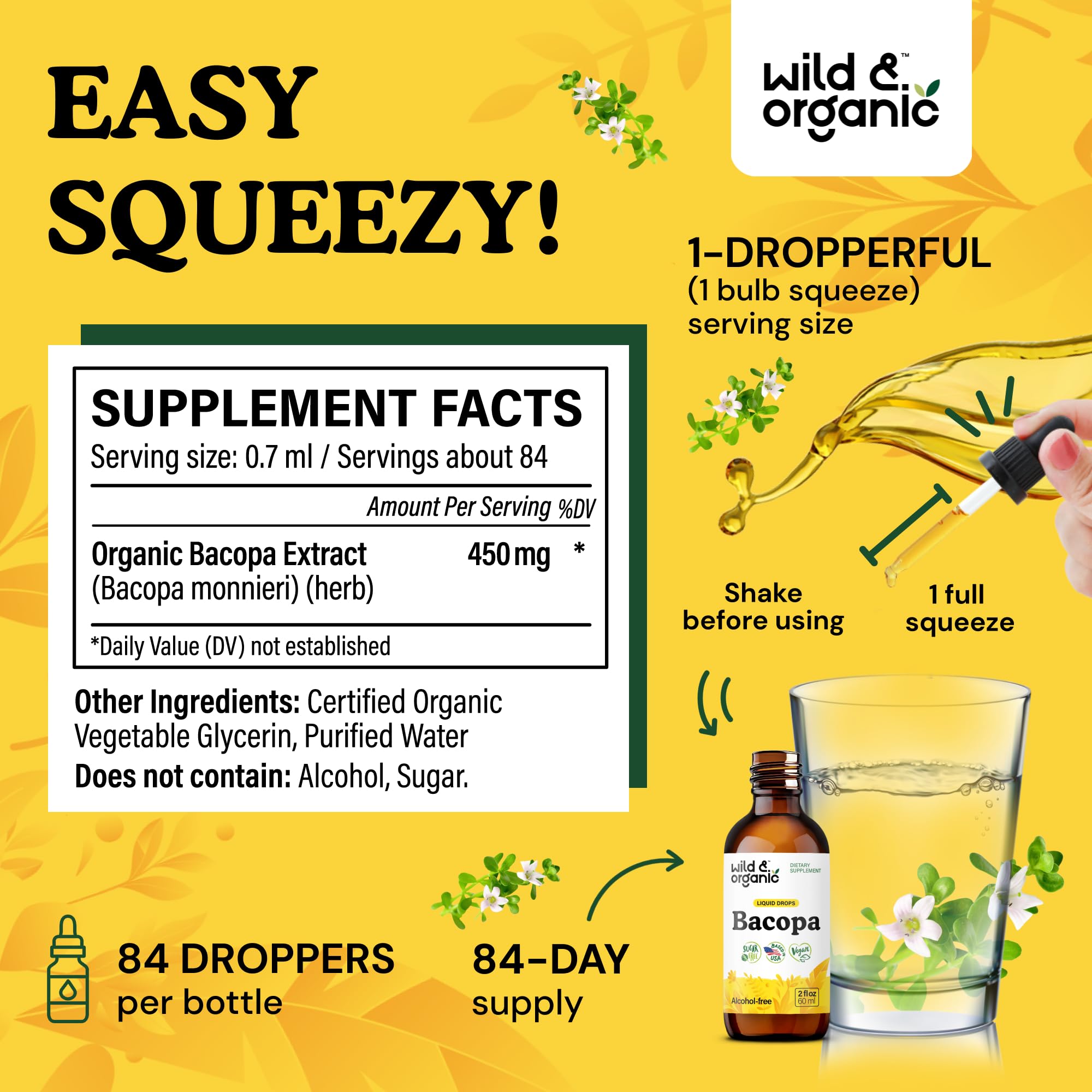 Front label of Wild & Organic Bacopa Tincture highlighting vegan and non GMO