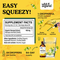 Front label of Wild & Organic Bacopa Tincture highlighting vegan and non GMO