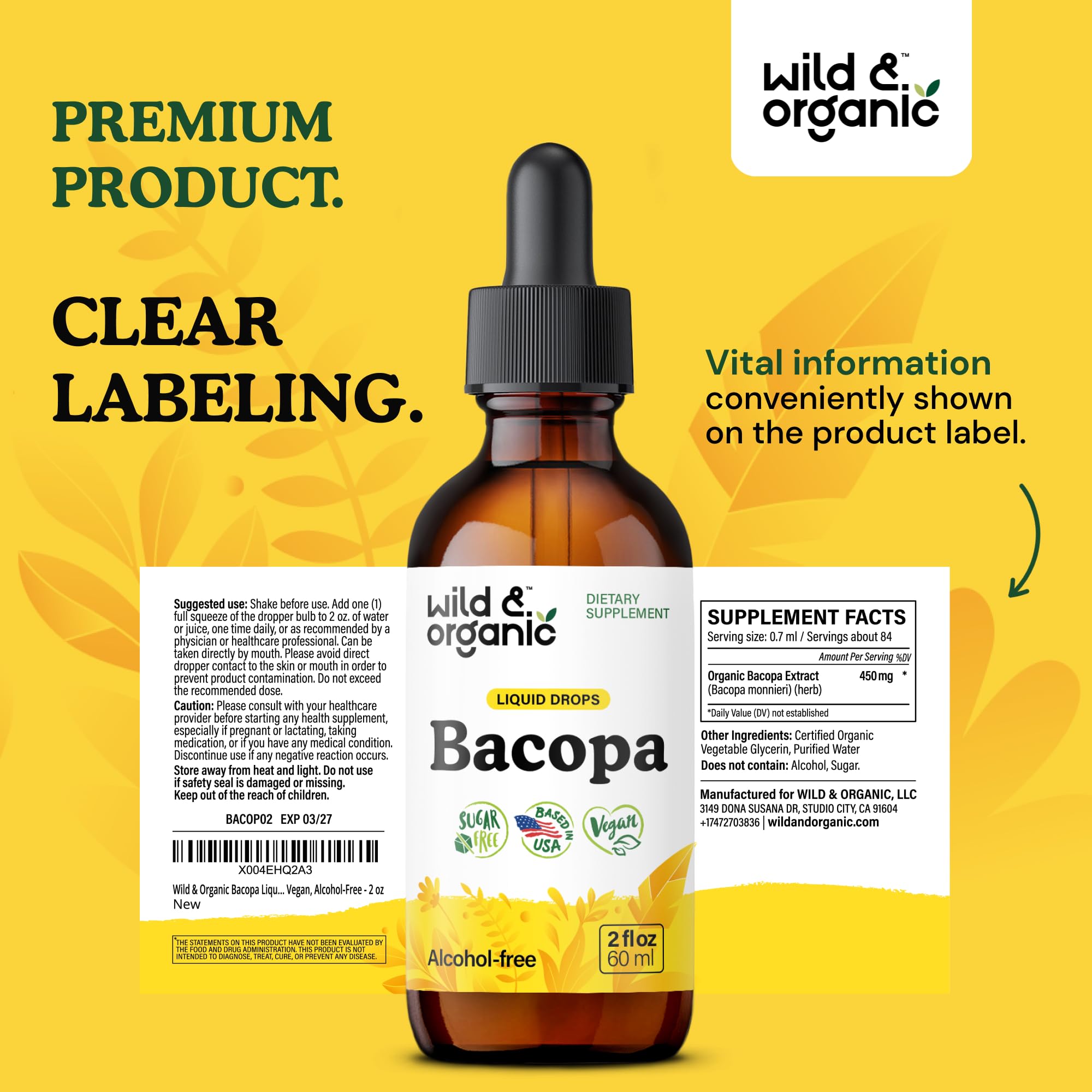 Packaging and bottle of Wild & Organic Bacopa Tincture ready for daily use