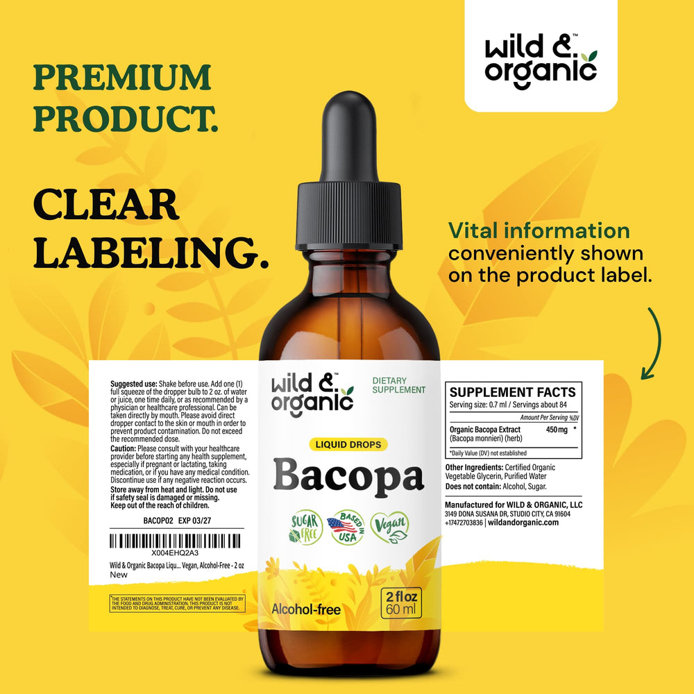 Packaging and bottle of Wild & Organic Bacopa Tincture ready for daily use