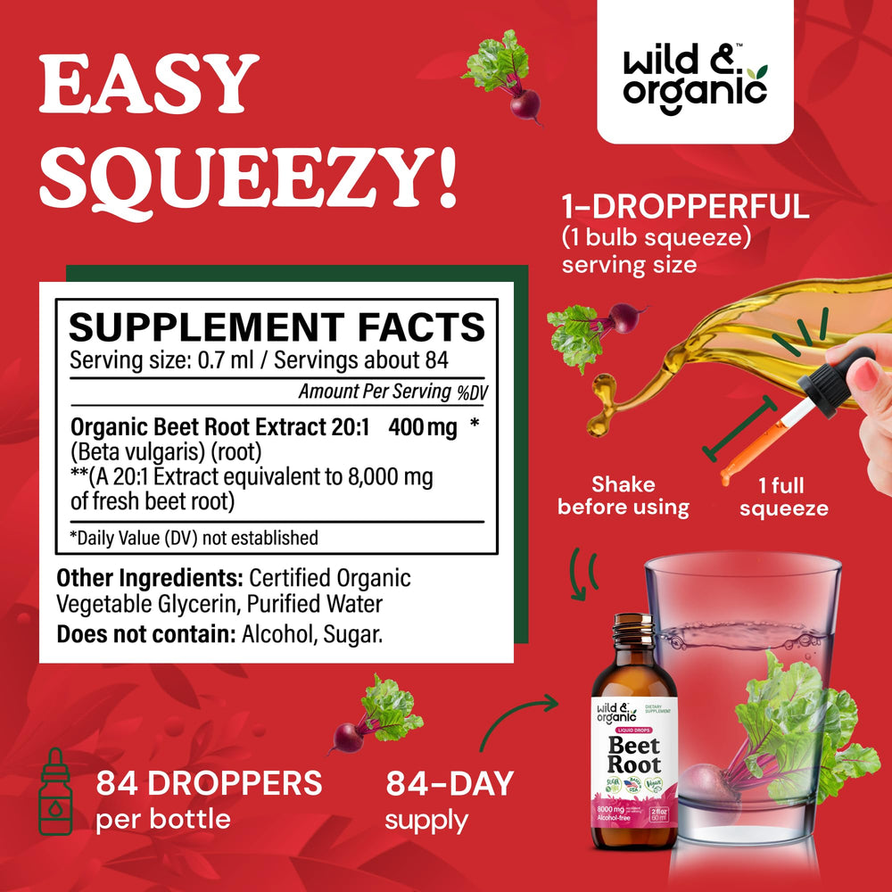 Wild & Organic Beet Root Tincture drops pour showing easy daily use