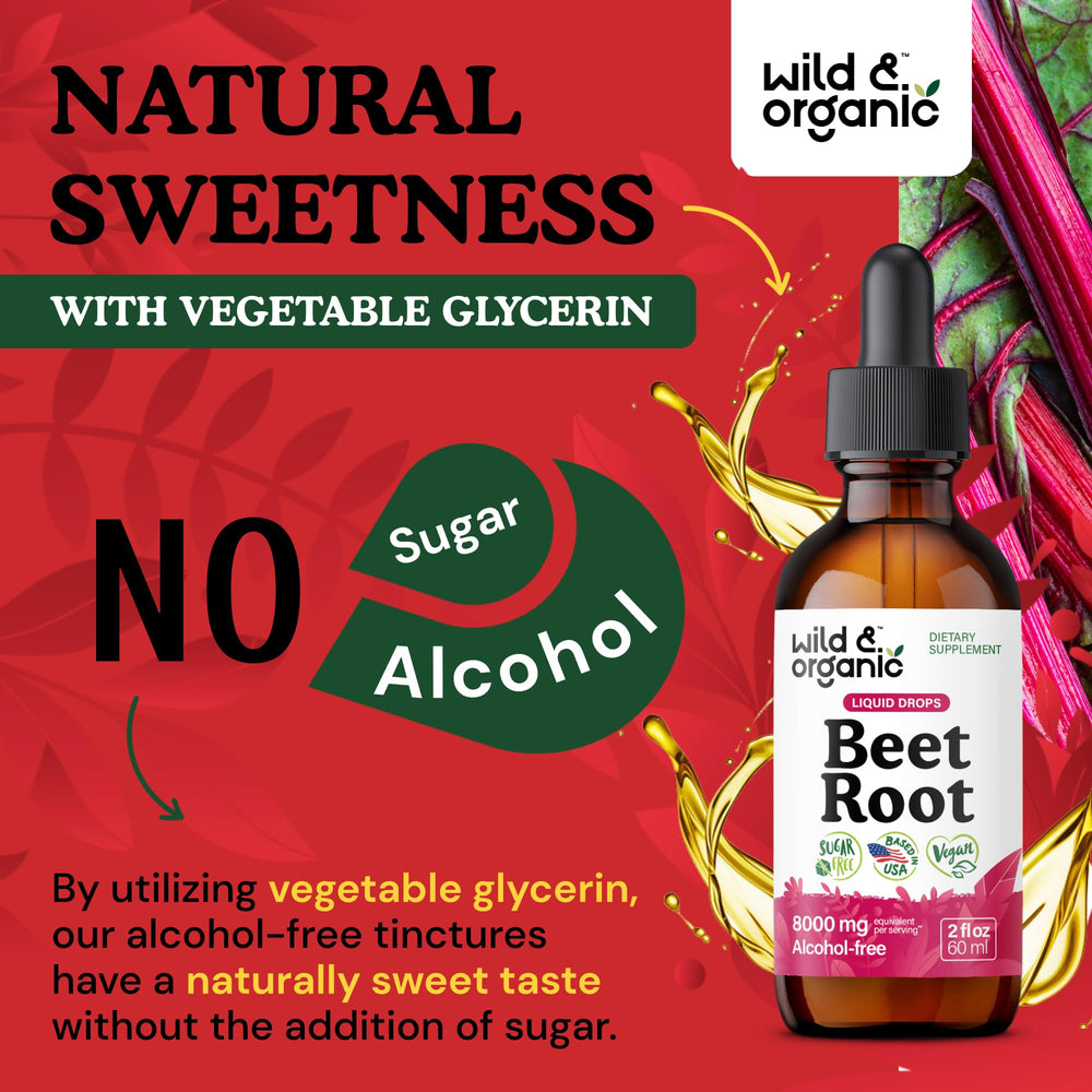 Wild & Organic Beet Root Tincture glass with drops illustrating glycerin sweetness