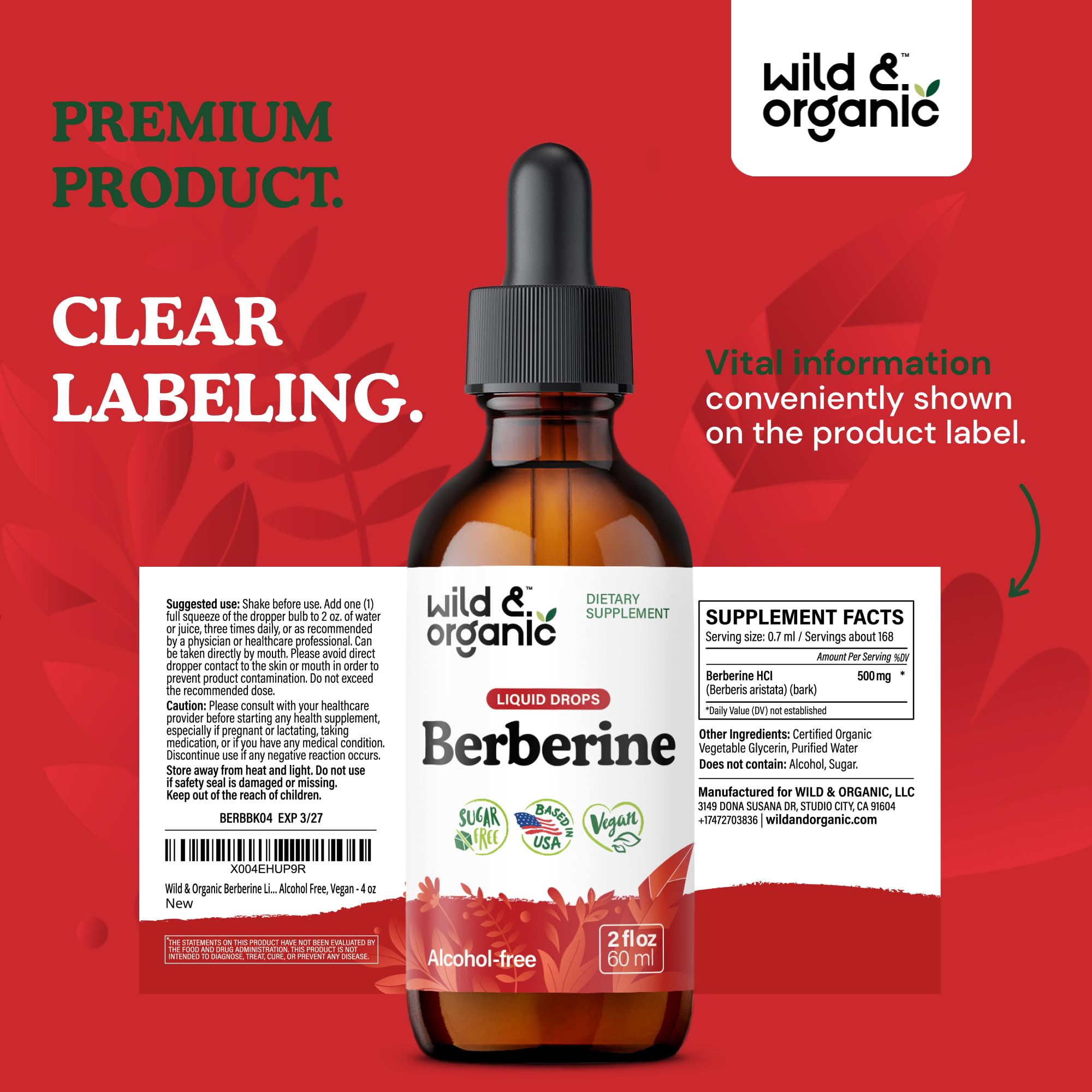 Wild & Organic berberine liquid drops 28-day supply illustrated on label