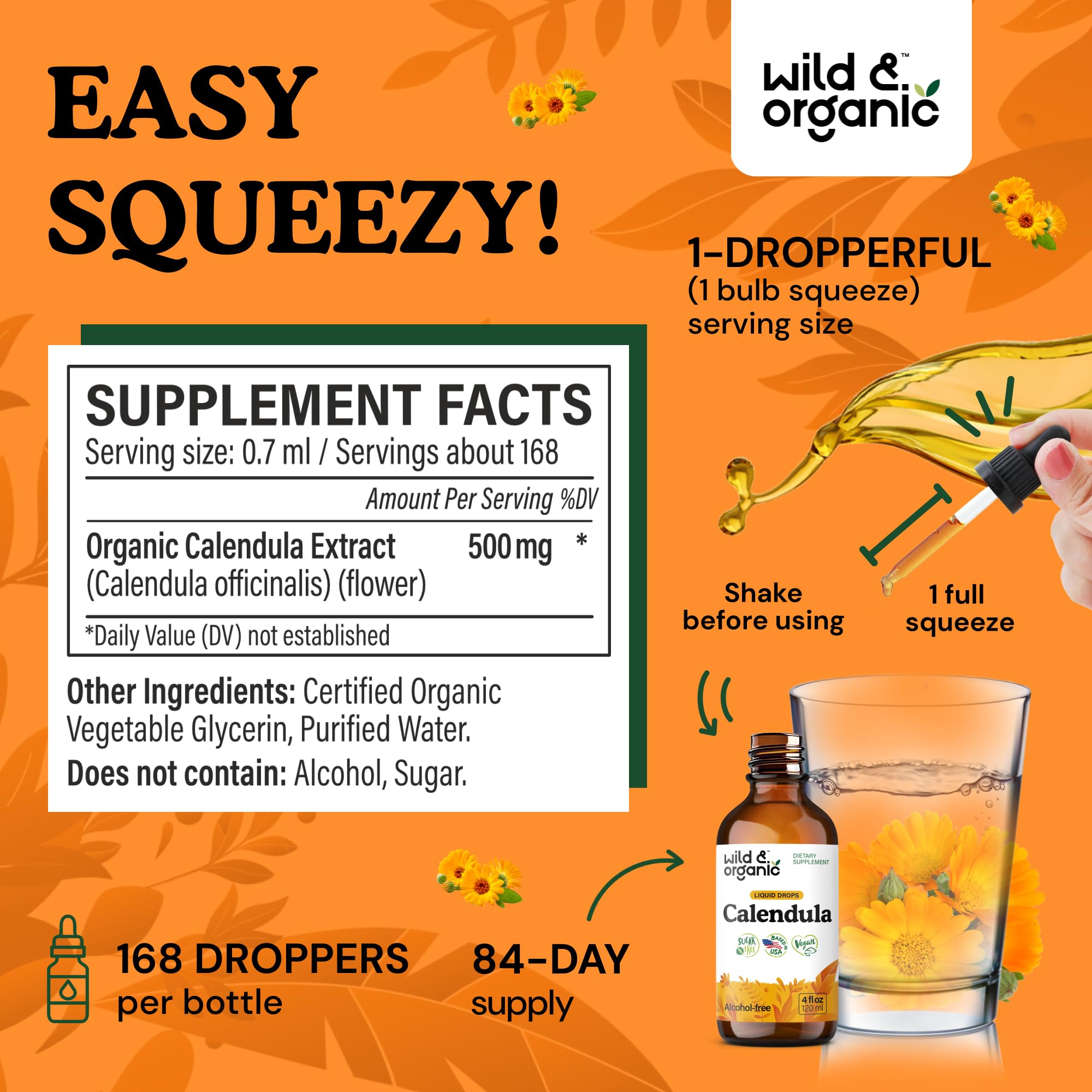 Wild and Organic calendula tincture amber glass bottle close-up with antioxidant label.
