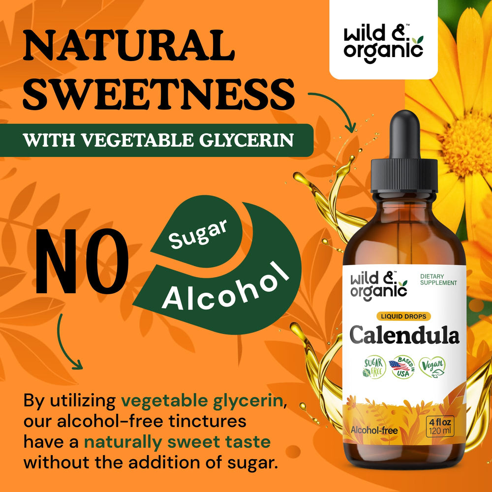 Wild and Organic calendula tincture ingredients highlight calendula extract and vegan formula.
