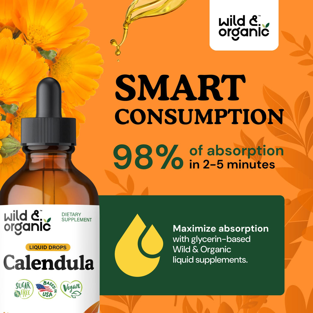 Wild and Organic calendula tincture label details showcase vegan, sugar-free formula.